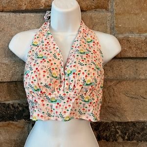 NWT Whimsberry Retro Pinup Kawaii Halter Crop Top Frogs Mushrooms Sz Medium